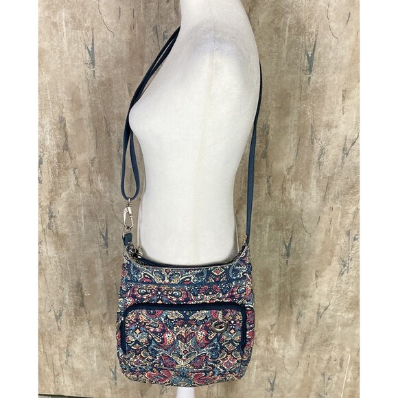 Travelon Women's Zip Crossbody Bag Multi Pocket Organizer Paisley Blue GUC - Picture 2 of 16